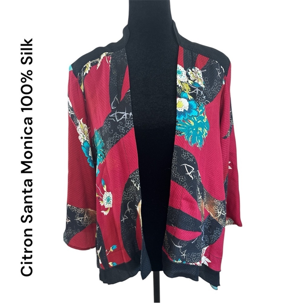 Citron Santa Monica 100% Silk Red Asian Inspired Floral Kimono Jacket